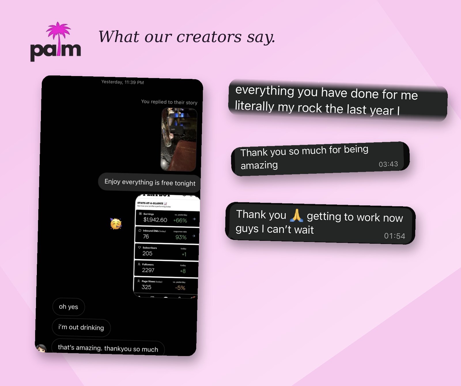 Messages of thanks from creators working with Palm Agency